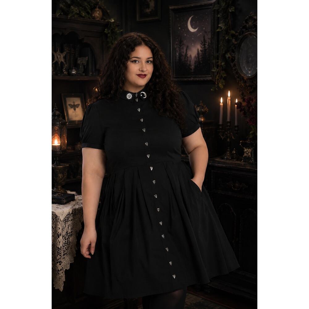 Hell Bunny Samara Dress Sun Moon Embroidered Pleated Pocket Size 2XL Gothic